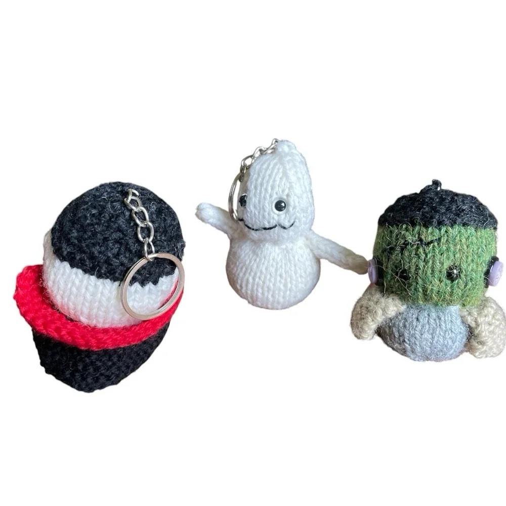 Handmade Halloween Keyring Ghost Dracula Frankestein Set of 3 Bag Charms Knitted